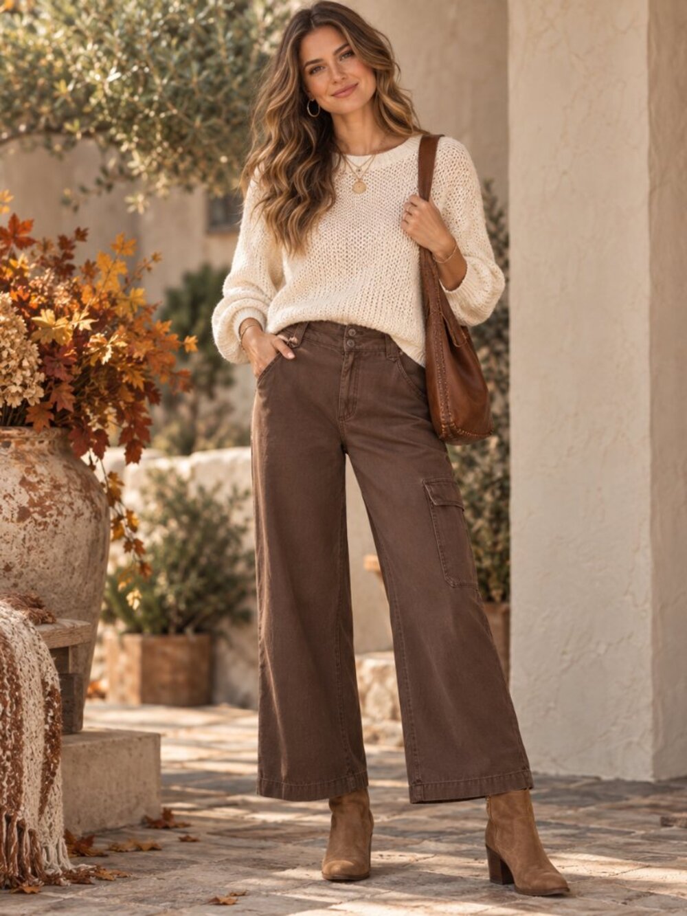 Time and Tru Womens 14 Brown Wide Leg Cargo Pants High Rise Utility Pockets
